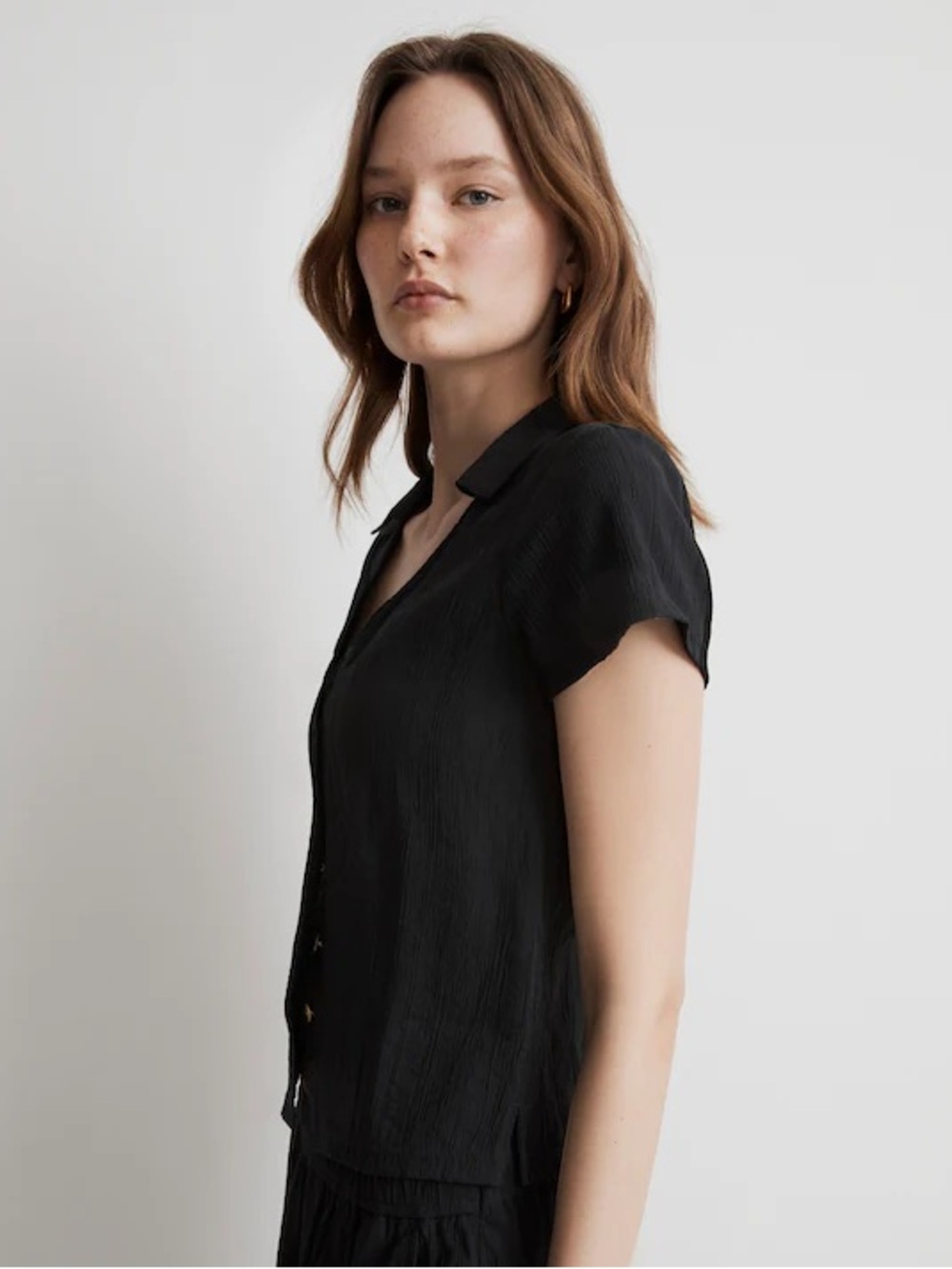 Madewell Notched V-Neck Button-Up Top Short Sleeve Black Size Medium NL056 - Picture 4 of 14